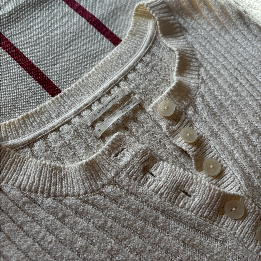 Anthropologie Cream Ribbed Cropped Sweater Top - Picture 3 of 3